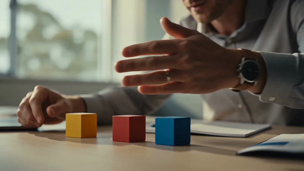 A tutor explaining a problem with three coloured blocks before handing the marker across