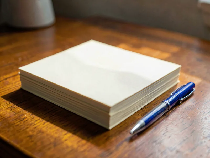 A stack of plain cream exercise books beside a blue pen, on a timber desk