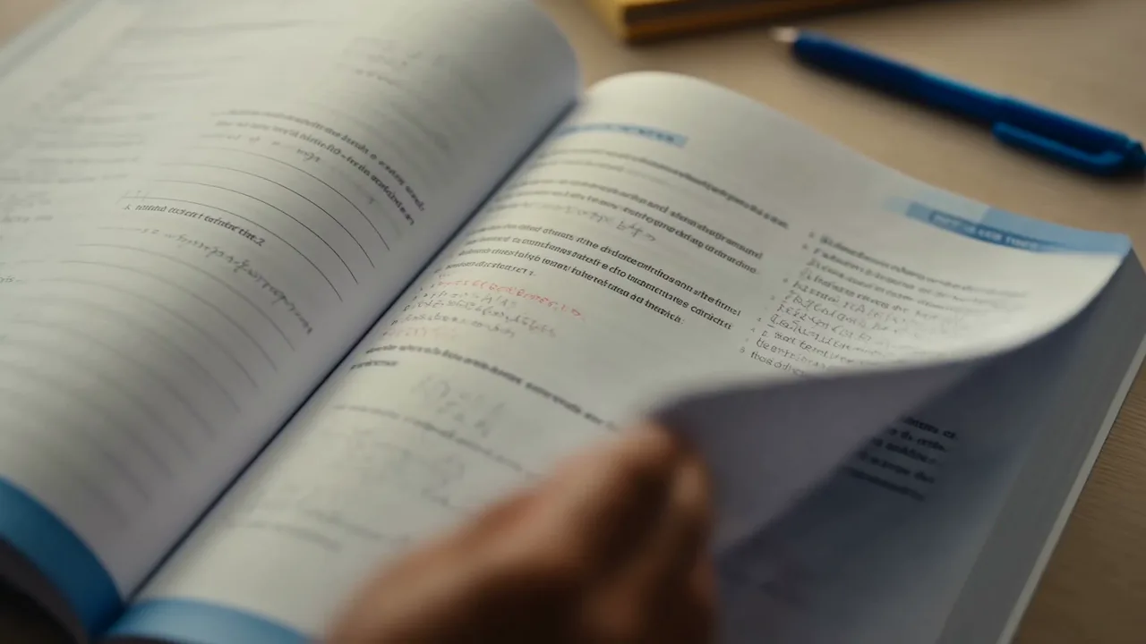 A tutor marking a page in red pen, a tick beside the corrected working
