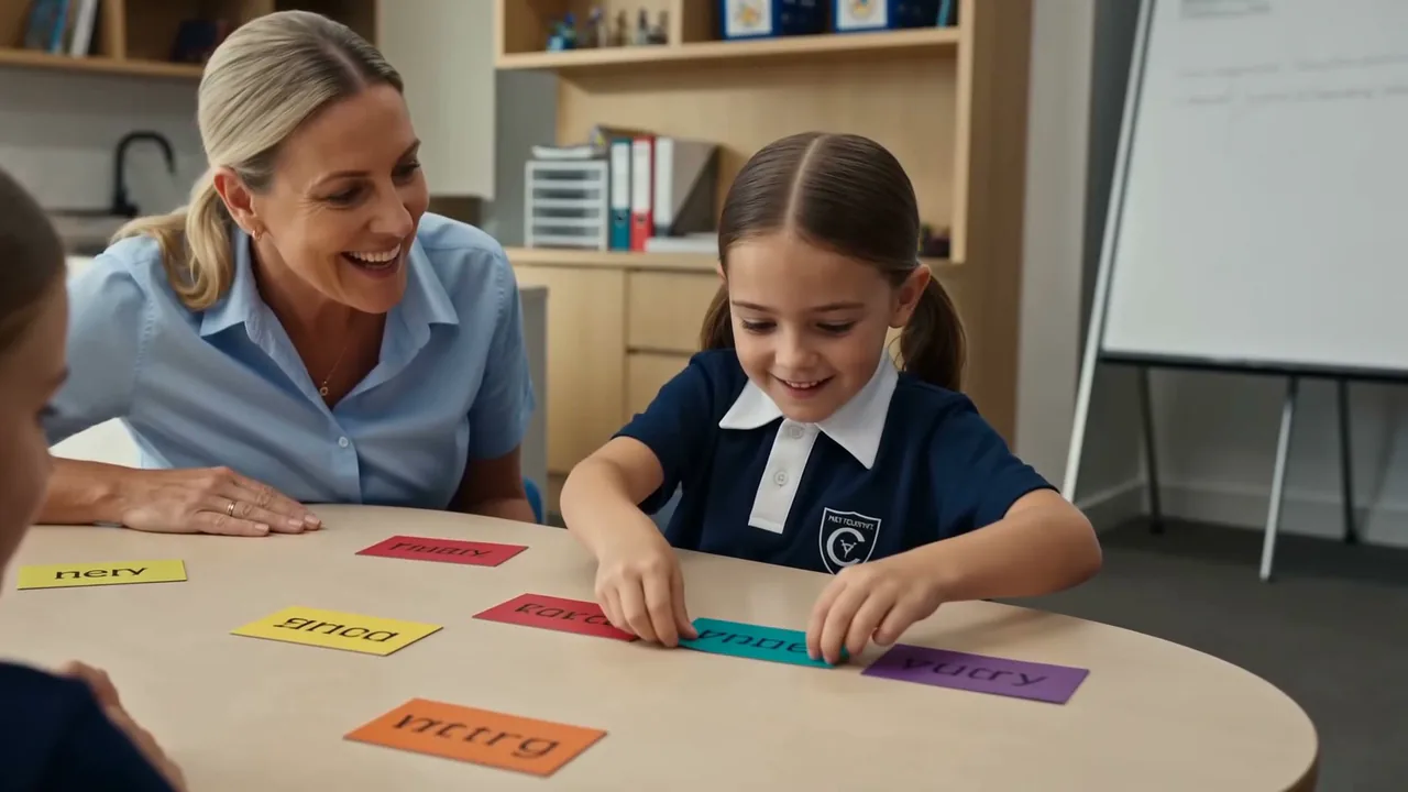 Emma Sorbie and a primary student sorting word cards into a sentence at a small oval table