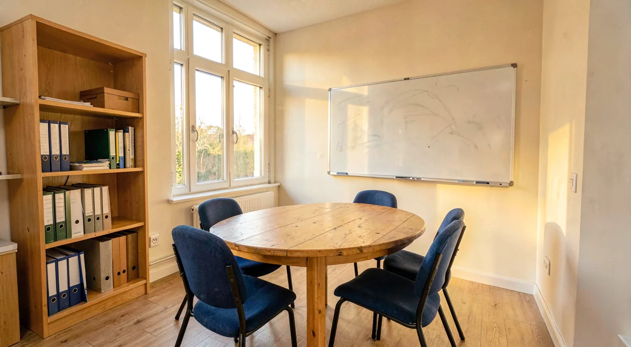 An empty small-group tutoring room with a round timber table, four chairs and a whiteboard