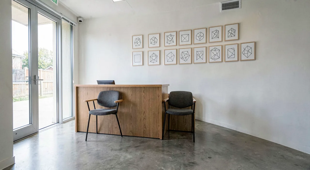 An empty tutoring centre reception with a low timber counter, two waiting chairs and a polished concrete floor