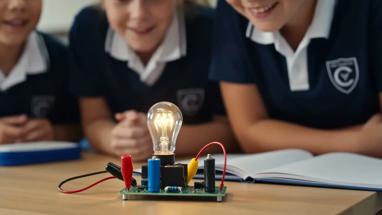 A low-voltage circuit a student built themselves, the bulb lit, classmates leaning in