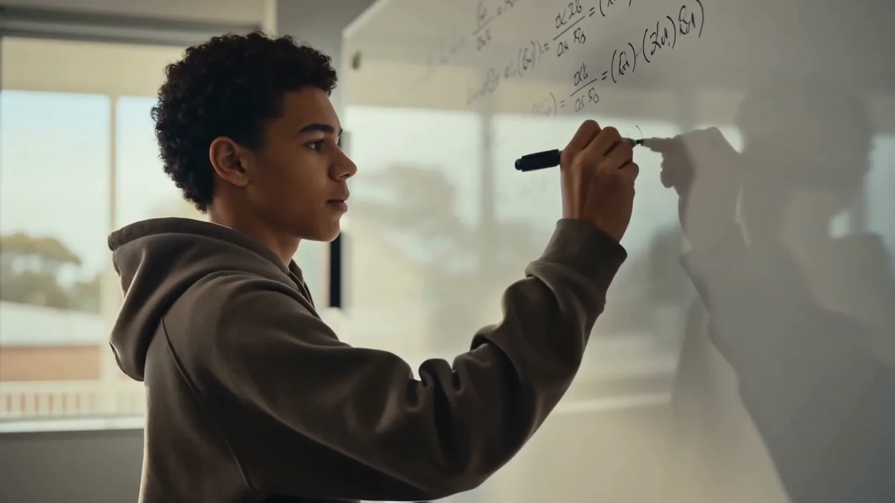 A student working through the next step on a whiteboard, confident posture