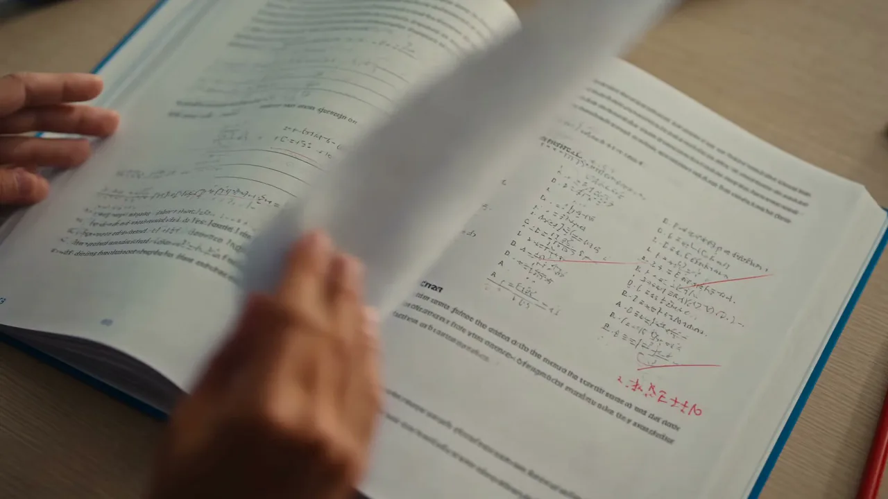 A worked mathematics page with red-pen corrections and a tick